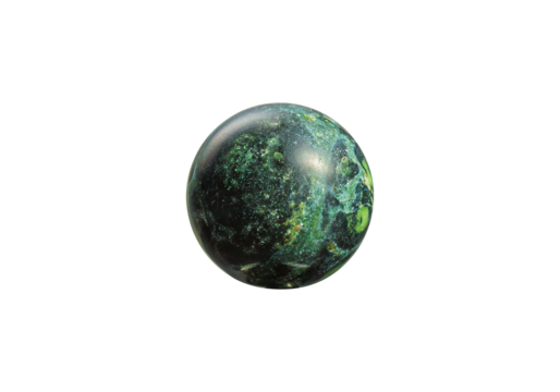 A vibrant Kambaba Jasper ball on an isolated white background, showcasing bold green and black swirling patterns with a lustrous surface. Perfect for spiritual decor or gemstone displays.