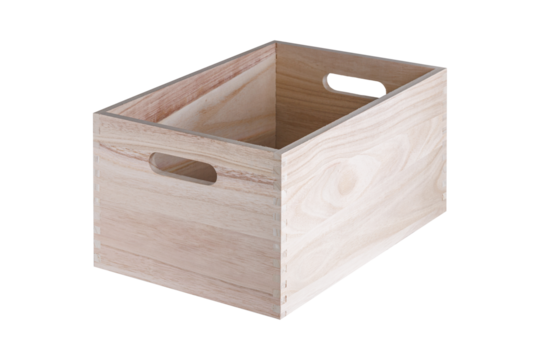 Clean, empty wooden crate with oval cut-out handles on opposite sides. Natural light wood grain finish, ideal for home organization, retail display, or craft projects.
