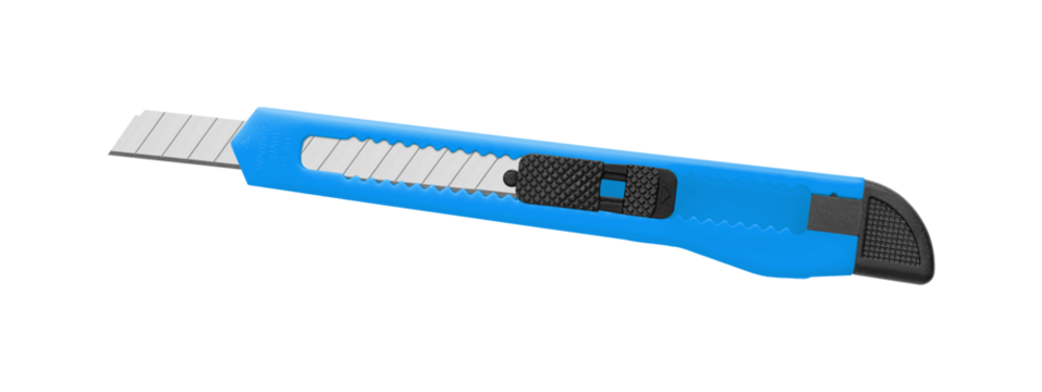 A vibrant Blue utility knife with black grip and retractable blade, ideal for precise cutting. Perfect for office or craft use with ergonomic and safe features.