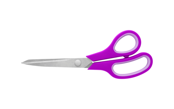 A pair of Purple handled scissors in closed position on a white background, featuring sharp stainless steel blades and ergonomic grips. Ideal for office or craft use with clean, isolated design.