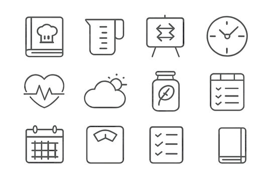 Everyday Icon Set. Everyday formulas. Line icon set of everyday formulas: recipe book, measuring cup, conversion chart, clock, heart rate symbol, weather