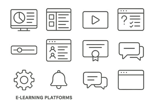 E-learning Icon Set. E-learning platforms. Line icon set of e-learning platforms: dashboard, course catalog, play button, quiz, progress bar, leaderboard,