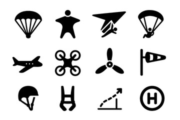 Fototapeta premium Aerial Sports Icons. Aerial Sports. Solid icon set of Aerial Sports: parachute, wingsuit, hang glider, paraglider, airplane, drone, propeller, wind arrow,