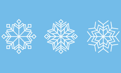Fototapeta premium Set of Three Distinct White Snowflake Icons on a Vibrant Blue Background – Varied Geometric Designs Representing Winter Season, Cold Weather, Frost, Ice, and Festive Holiday Decorations and Elements.