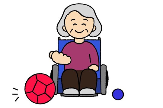 車椅子でボッチャをしてるおばあちゃん