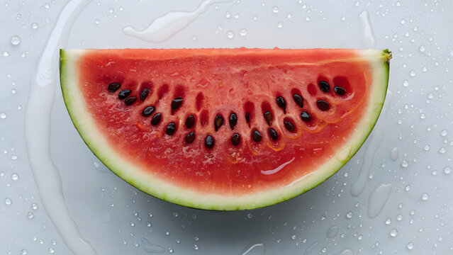 Fresh watermelon slice with water drops, juicy red fruit texture top view, wet summer snack background, healthy organic food macro, for diet, nutrition, menu, freshness. - Powered by Adobe