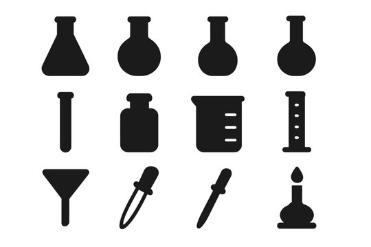 Laboratory Glassware Icons. Laboratory Glassware. Solid icon set of Laboratory Glassware: Erlenmeyer flask, round-bottom flask, volumetric flask, Florence