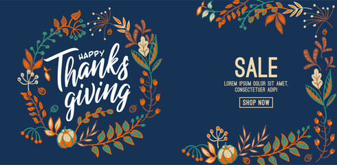 Hand drawn Happy Thanksgiving typography in autumn wreath banner. Celebration text with berries and leaves for postcard, icon or badge. Vector calligraphy lettering holiday quote