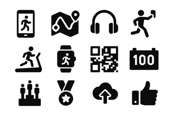 Virtual Running Icons. Virtual Run. Solid icon set of Virtual Run: smartphone app, map route, headphones, selfie, treadmill, smartwatch, QR code, bib number,