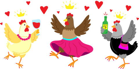 fashionable dancing hens hand-drawn vector set funny farm chickens with crowns wine and bottle celebrating birthday party or hen night isolated elements