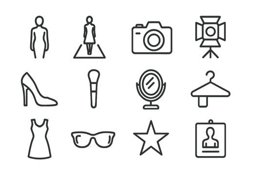 Fashion Icon Array. Modeling industry. Line icon set of modeling industry: model silhouette, runway, camera, spotlight, high heels, makeup brush, mirror,