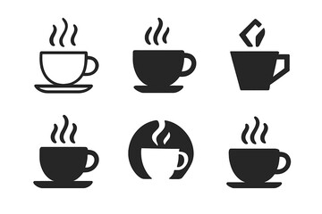 Obraz premium Teacup Logo Icons. Preparing a warm drink. Icon set. Set Logo of Teacup: Steam rising from cup. Minimal outline, Filled silhouette, Abstract geometric,