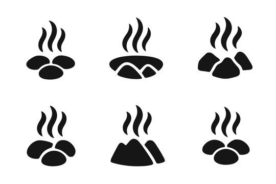 Hot Spring Icons. A family exploring a natural hot spring in a remote mountain area. Icon set. Set Logo of Relaxation: Person reclining in hot spring. Abstract