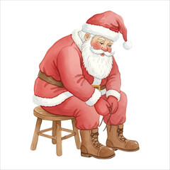 Santa Claus tying shoelaces vector isolated white background Christmas
