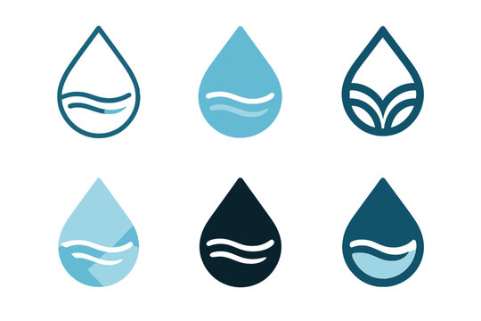 Water Purity Logos. Freshwater lakes with crystal-clear water. Icon set. Set Logo of water purity: droplet with inner reflection lines. harmonious logo