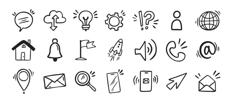 Contact doodle hand drawn icon. Isolated communication signs for business
