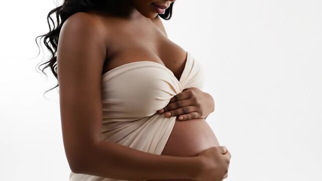 Close-up of a pregnant woman of color's belly wrapped in soft fabric, hands cradling the abdomen