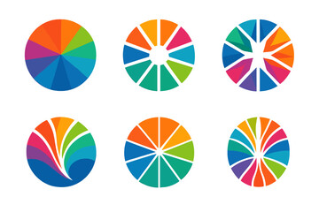 Vibrant Logo Icons. Vibrant colors. Icon set. Set Logo of vibrant colors: color wheel with dynamic segments. harmonious logo variations of the same emblematic