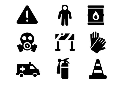 Hazard Mitigation Icons. Hazard Mitigation. Solid icon set of Hazard Mitigation: warning sign, biohazard symbol, hazmat suit, chemical barrel, gas mask,