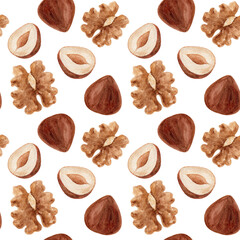 Hazelnuts and walnuts, watercolor seamless pattern on a white background.