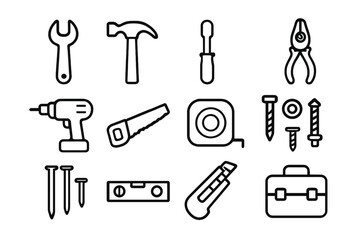Obraz premium Mechanic Tool Icons. Mechanic tools. Line icon set of Mechanic tools: wrench, hammer, screwdriver, pliers, drill, saw, tape measure, bolts, nails, level,