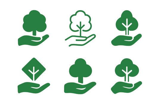 Reforestation Icon Set. Reforestation efforts and tree planting. Icon set. Set Logo of Reforestation efforts and tree planting: Forest canopy. harmonious logo