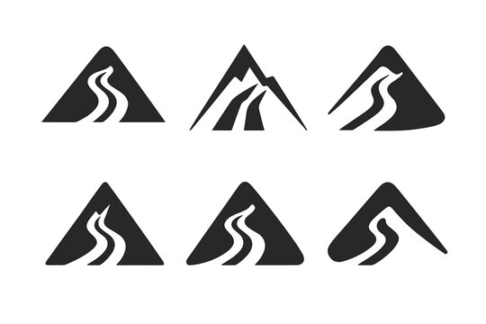 Mountain Ski Icons. Skiing on mountain slopes. Icon set. Set Logo of skiing on mountain slopes: mountain peak with ski tracks descending. harmonious logo