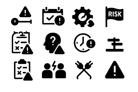 Project Risk Icons. Project management risks. Solid icon set of Project management risks: timeline delay, missing milestone, broken process, risk flag, budget