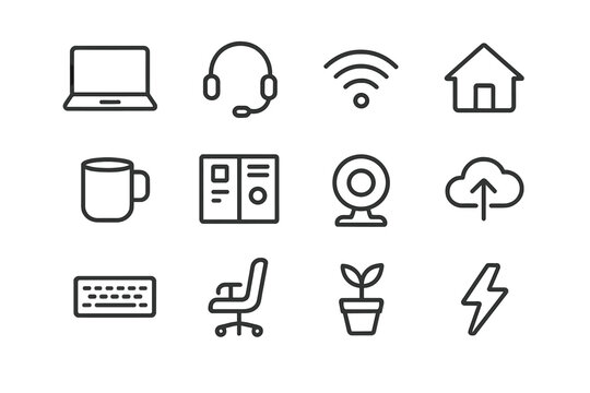 Remote Work Essentials. Remote work productivity. Line icon set of remote work productivity: laptop, headset mic, wifi, house, coffee mug, task board, webcam,