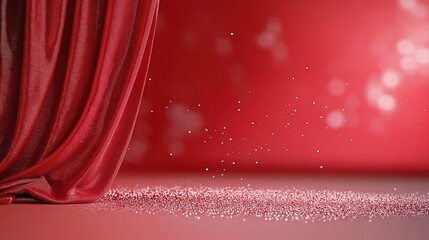 Red curtain on stage with soft folds and glowing bokeh background for theatrical, festive or commercial design