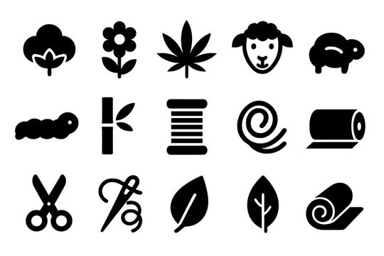 Fiber Production Icons. Fiber production. Solid icon set of fiber production: cotton plant, flax, hemp, wool, silk, bamboo, spool, rope, scissors, thread,