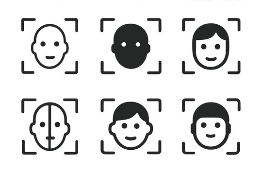 Facial Recognition Icons. Facial recognition. Icon set. Set Logo of facial recognition: ID card with face portrait circle. harmonious logo variations of the