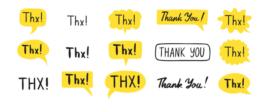 THX speech bubble yellow bright set. Thank you hand drawn quote text. Doodle thx phrase.
