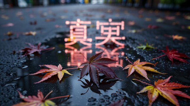 Close up of maple leaves on wet ground with glowing Japanese characters