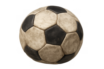 Vintage soccer ball standing on a transparent background, showing worn leather texture from years of play on the field
