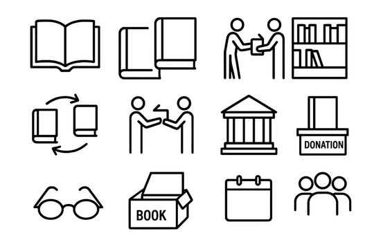 Community Book Icons. Community Book Exchange. Line icon set of Community Book Exchange: open book, closed book, stack of books, bookshelf, book swap arrows,