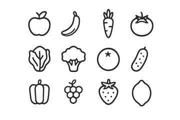 Fresh Produce Icons. Fresh produce. Line icon set of Fresh produce: apple, banana, carrot, tomato, lettuce, broccoli, orange, cucumber, bell pepper, grapes,