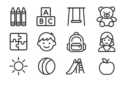Kindergarten Icon Set. Kindergarten fun. Line icon set of kindergarten fun: crayons, toy blocks, swing, teddy bear, puzzle, smiling child, backpack, teacher,