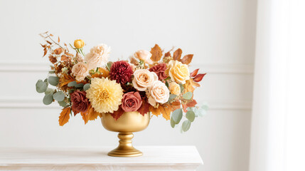 Chic fall floral arrangement with roses and dahlias in a gold vase, featuring warm autumn tones