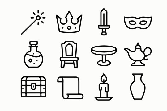 Fantasy Play Props Icons. Props for fantasy play. Line icon set of Props for fantasy play: wand, crown, sword, mask, potion bottle, chair, table, lamp, trunk,