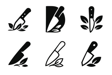 Knife Logo Variations. Carving knife. Icon set. Set Logo of Carving knife: Knife and cutting herbs. harmonious logo variations of the same emblematic concept,