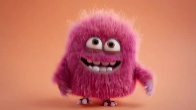 Funny fuzzy monster raising arm and clapping hand, cute furry creature dancing with happy expression on orange background.