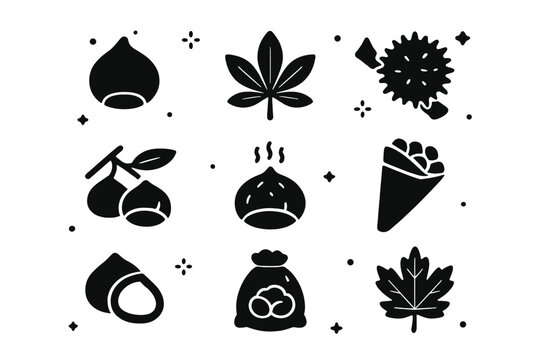 Chestnut Icons Collection. Chestnut. Solid icons set of Chestnut: whole chestnut, cracked chestnut, chestnut leaf, burr husk, branch twig, roasted chestnut,