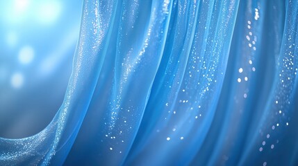 Sheer blue glitter fabric with soft folds and pastel bokeh background for fashion or artistic design