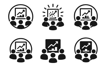 Business Planning Icons. A business team using a whiteboard for planning a new project. Icon set. Set Logo of business planning: whiteboard with progress bars
