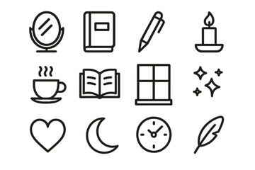 Fototapeta premium Personal Reflection Icons. Personal reflection. Line icon set of personal reflection: mirror, notebook, pen, candle, cup of tea, open book, window, stars,