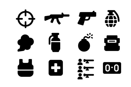 FPS Arena Icons. FPS Arena. Solid icon set of FPS Arena: crosshair, rifle, pistol, grenade, smoke, flashbang, bomb, defuse kit, armor vest, health pack, kill