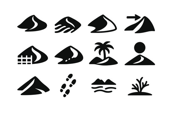 Black Desert Icon Set. Sand Dune Mounds. Solid icon set of Sand Dune Mounds: crescent dune, ripple pattern, slip face, wind arrow, sand fence, camel track,