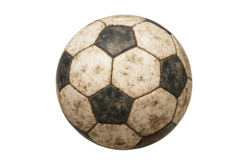Old, used soccer ball with dirt marks and scuffs from intense play, symbolizing endurance and history in the game. Transparent background
