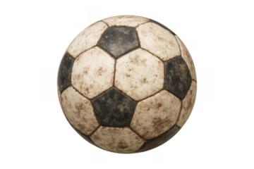 Old, used soccer ball with dirt marks and scuffs from intense play, symbolizing endurance and history in the game. Transparent background